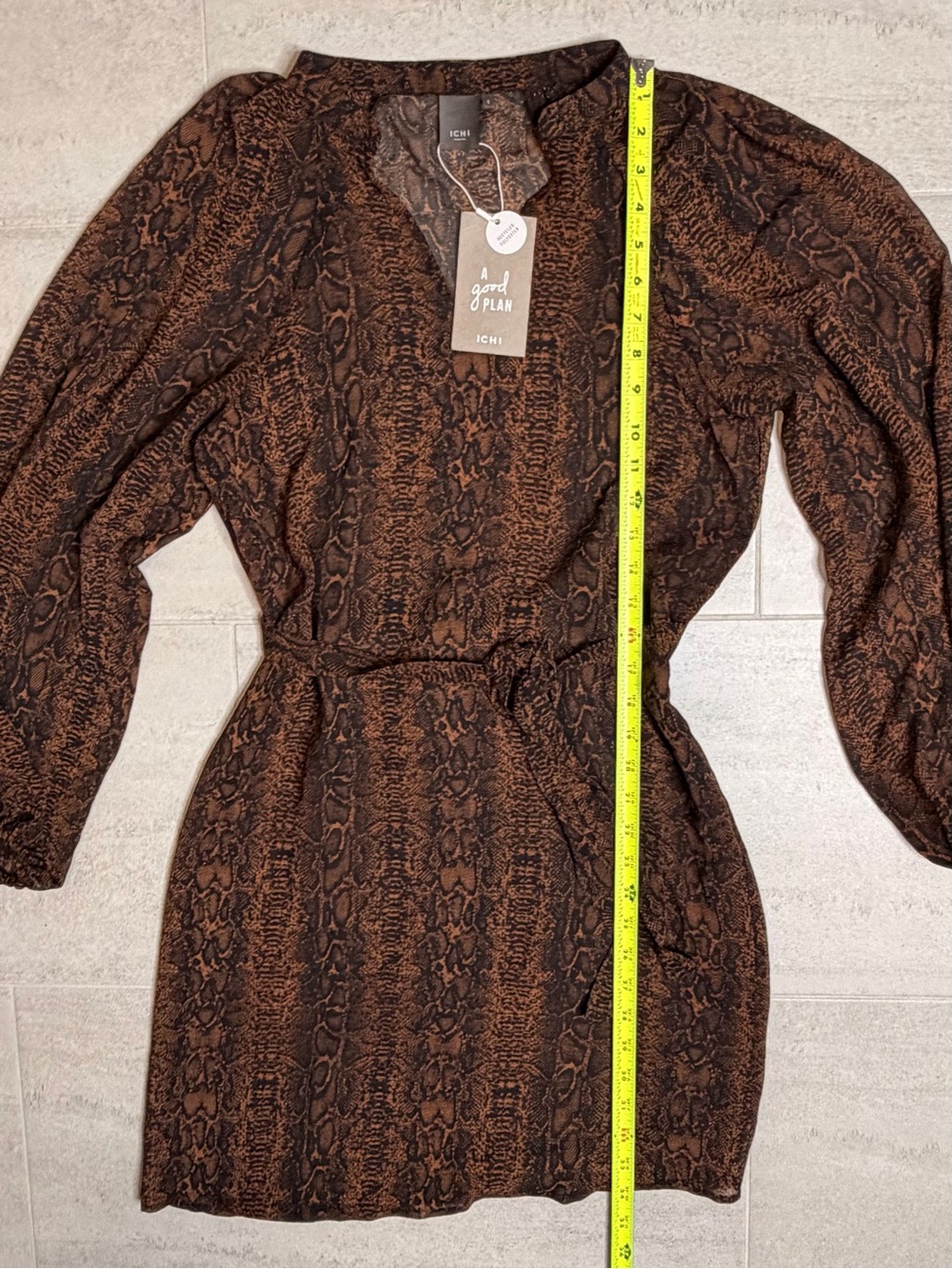 💛2 for 20-ICHI Snake Print Tie Waist Long Sleeve Dress Size Small NWT - Picture 8 of 14